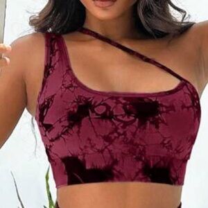 NWOT women’s yoga tie dye one shoulder sports bra in red & black size medium